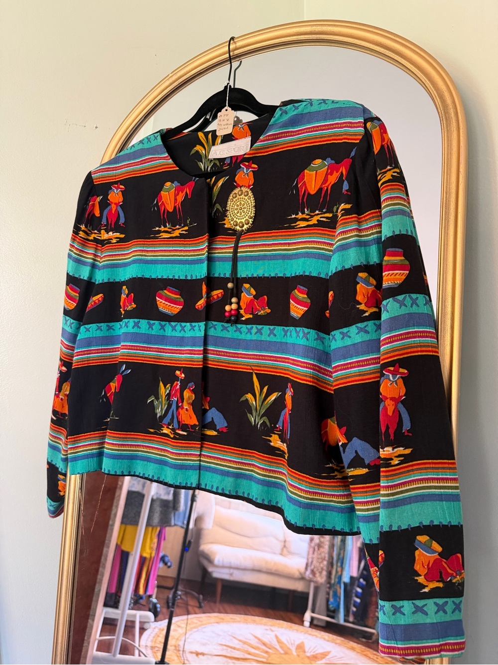 Women's Black Patterned Southwestern Jacket with Turquoise Accents